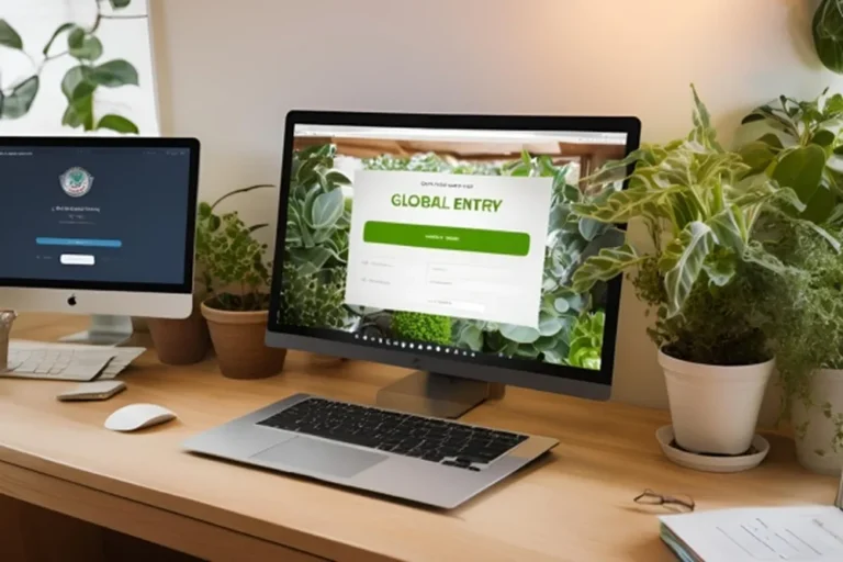 A desktop computer displaying a green website titled Global Entry Login Easy Guide to Using Your Account.
