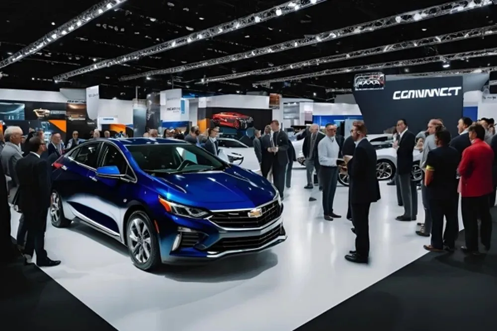 A group of individuals examining a blue Chevrolet, sharing insights at a GM Global Connect Autopartners meeting.