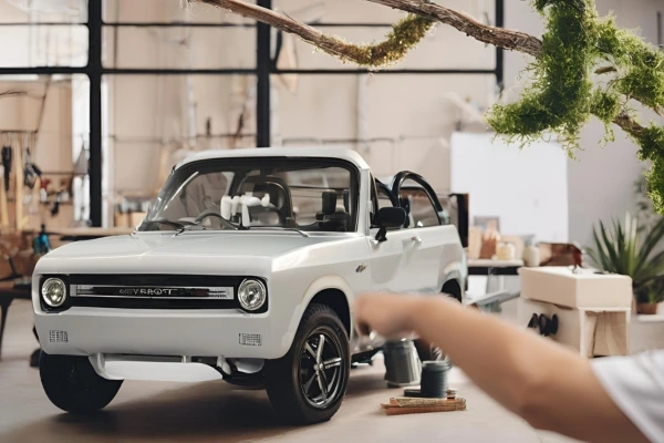 A man in a workshop points at a small Chevrolet car, emphasizing the brands focus on modern engineering and customer appeal.