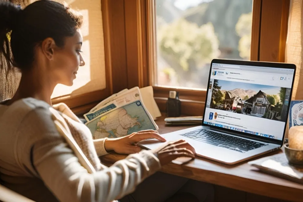A woman searches for vacation rentals on her laptop, with a focus on the Global Entry login page displayed on the screen.