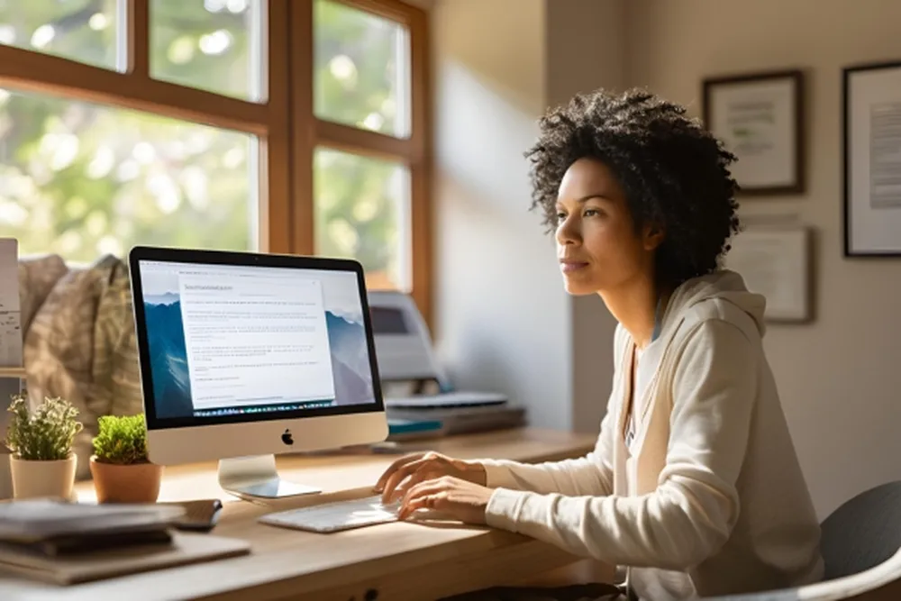 At General Motors Socrates, a woman is seated at her desk, using both a computer and a laptop for her work.