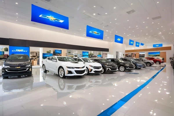 Inside a Chevrolet dealership, numerous cars are displayed, emphasizing the brands diverse lineup and promotional efforts.