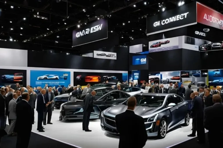 group of people gathered around cars at the GM Global Connect Autopartners auto show, engaging and exploring.