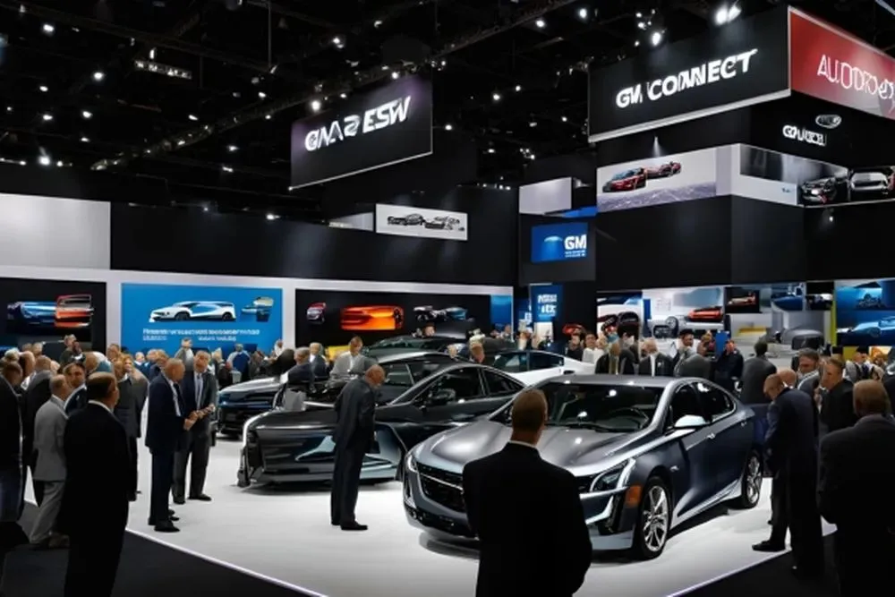 group of people gathered around cars at the GM Global Connect Autopartners auto show, engaging and exploring.